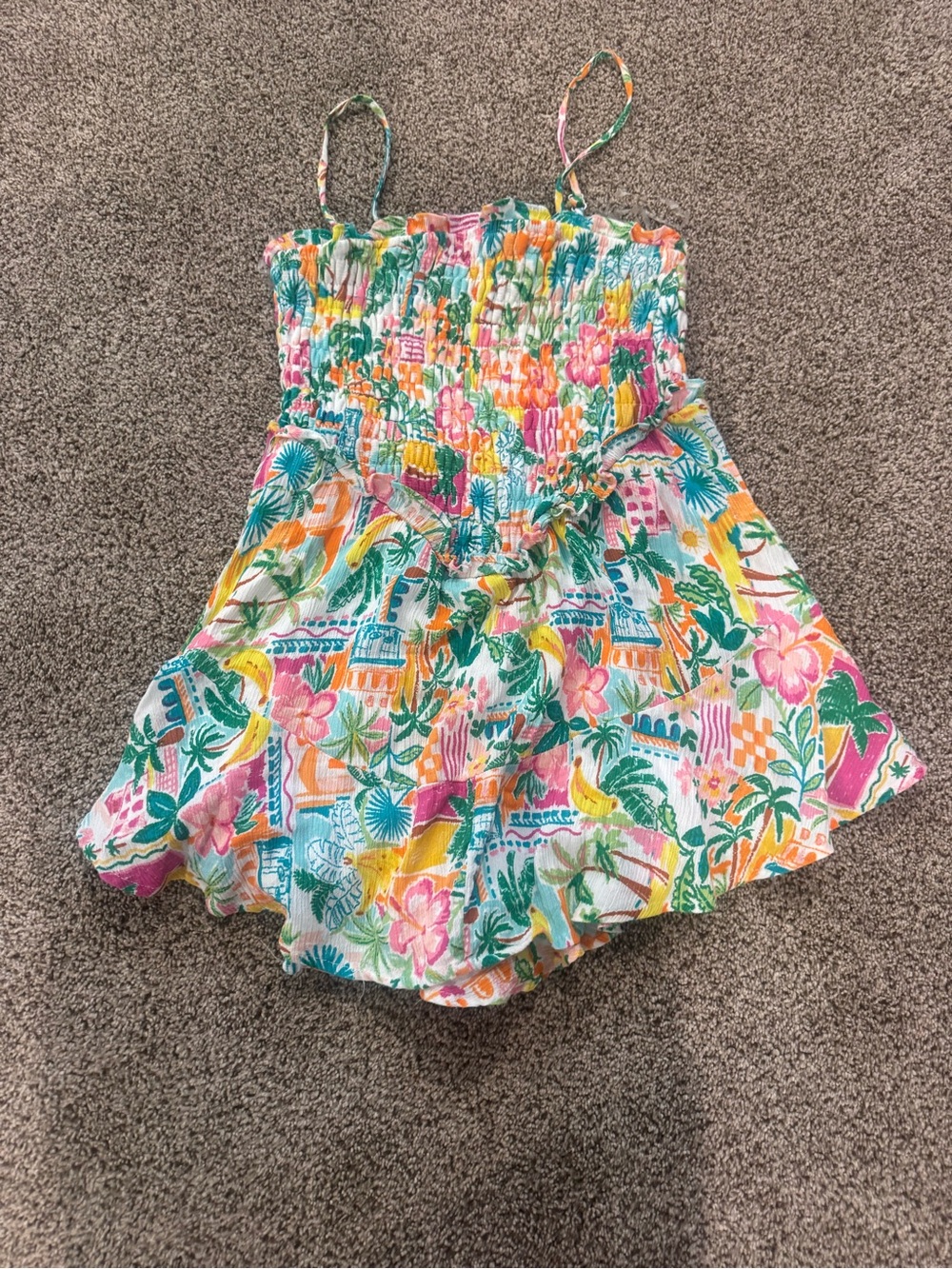 Juniors Tropical Print Smocked Romper - Multicolor